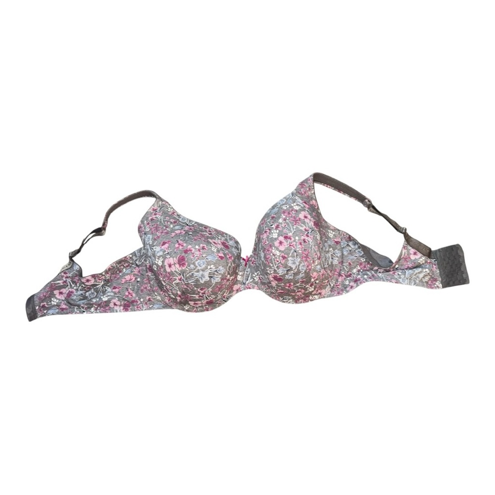 Cacique 46DDD Bra Gray Floral Plunge‎ Underwire Back Closure Cotton Blend